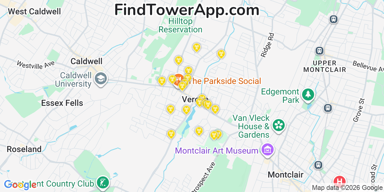 Map showing the 20 primary cell tower locations detected in Verona, New Jersey from AT&T, Verizon, and T-Mobile networks