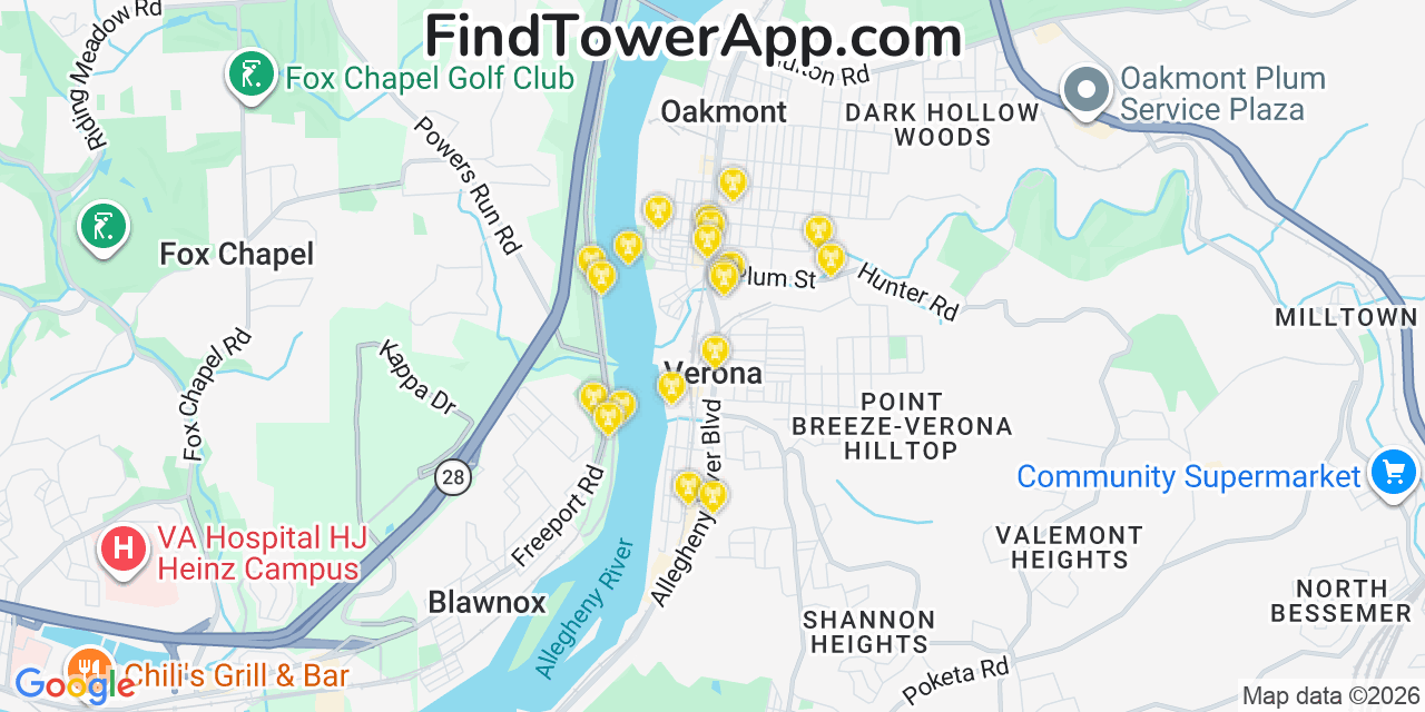 Map showing the 20 primary cell tower locations detected in Verona, Pennsylvania from AT&T, Verizon, and T-Mobile networks