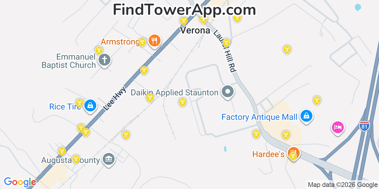 Map showing the 20 primary cell tower locations detected in Verona, Virginia from AT&T, Verizon, and T-Mobile networks