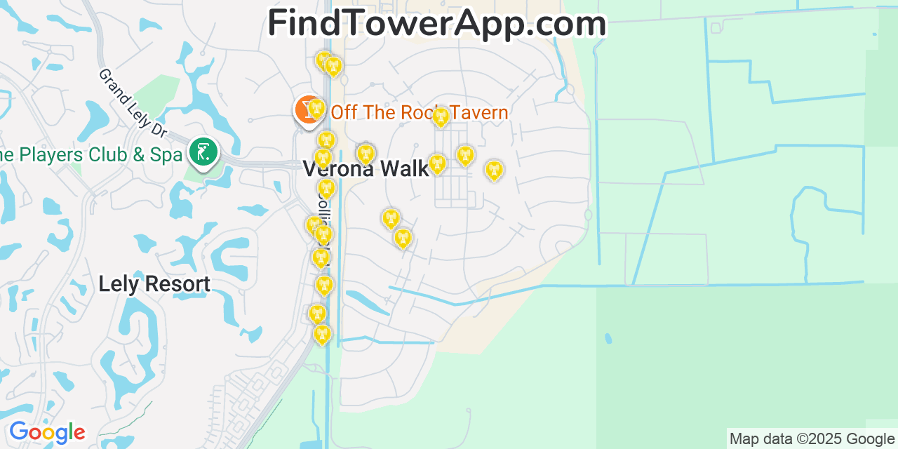 Map showing the 20 primary cell tower locations detected in Verona Walk, Florida from AT&T, Verizon, and T-Mobile networks