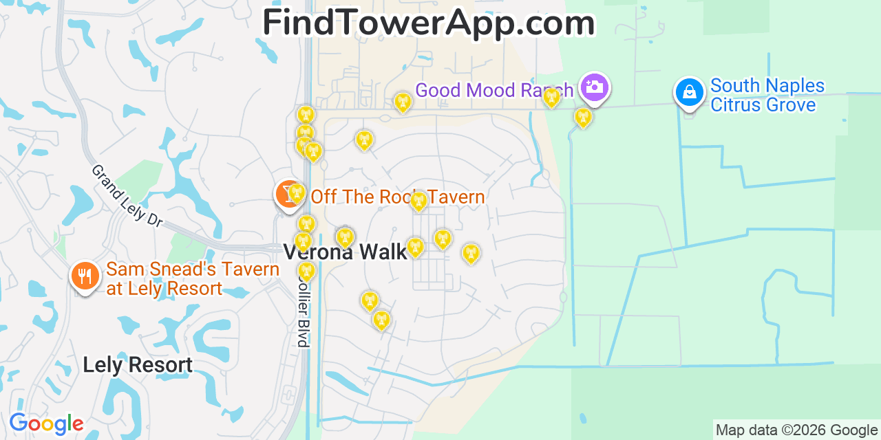 Map showing the 20 primary cell tower locations detected in Verona Walk, Florida from AT&T, Verizon, and T-Mobile networks