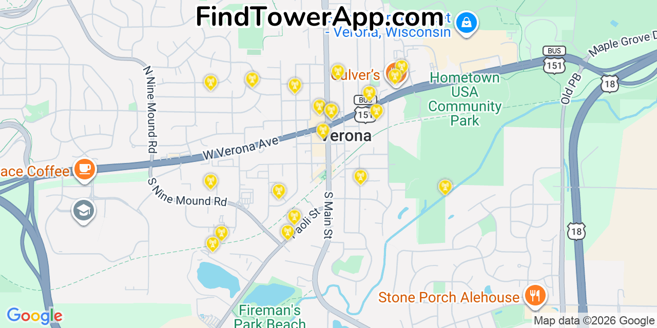 Map showing the 20 primary cell tower locations detected in Verona, Wisconsin from AT&T, Verizon, and T-Mobile networks