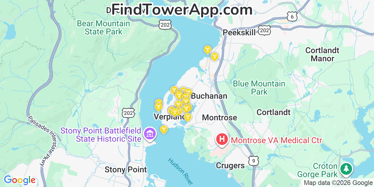 Map showing the 20 primary cell tower locations detected in Verplanck, New York from AT&T, Verizon, and T-Mobile networks