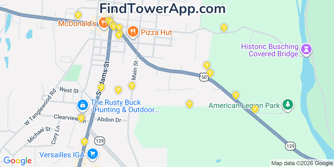 Map showing the 20 primary cell tower locations detected in Versailles, Indiana from AT&T, Verizon, and T-Mobile networks