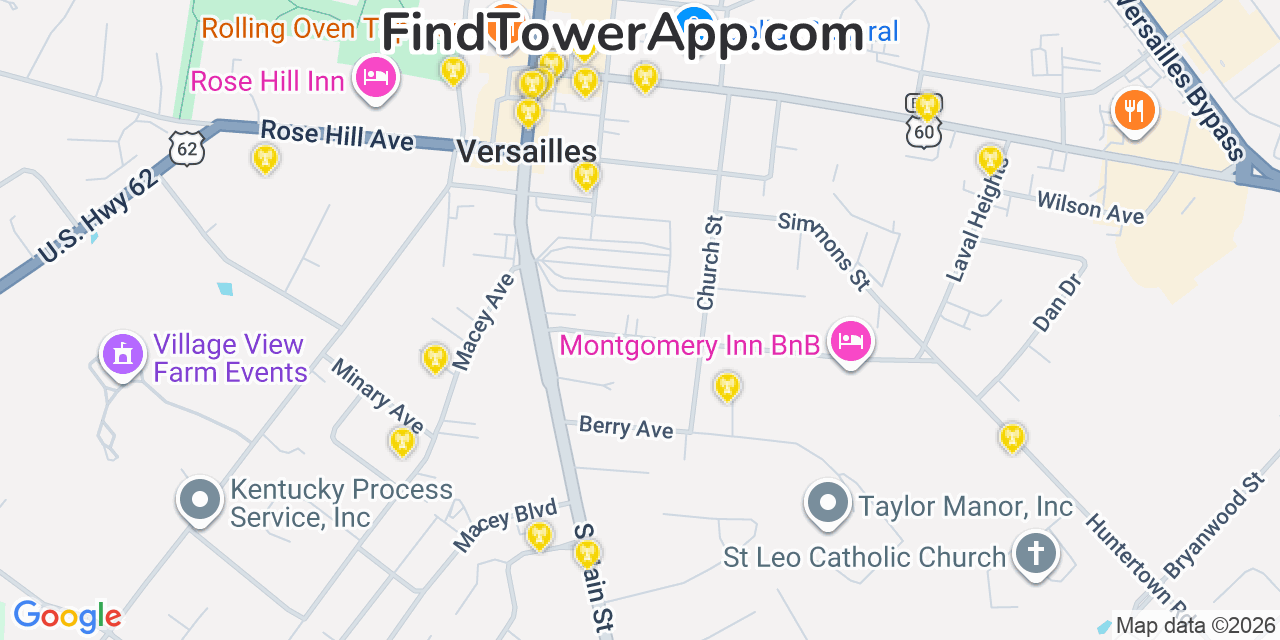 Map showing the 20 primary cell tower locations detected in Versailles, Kentucky from AT&T, Verizon, and T-Mobile networks