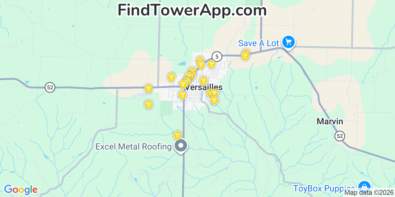 Map showing the 20 primary cell tower locations detected in Versailles, Missouri from AT&T, Verizon, and T-Mobile networks