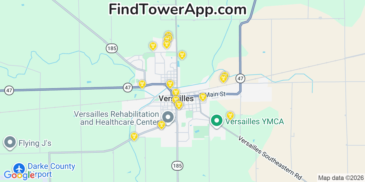 Map showing the 20 primary cell tower locations detected in Versailles, Ohio from AT&T, Verizon, and T-Mobile networks