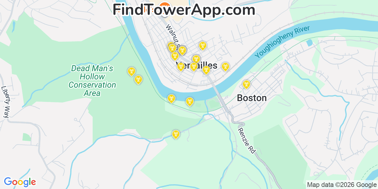 Map showing the 20 primary cell tower locations detected in Versailles, Pennsylvania from AT&T, Verizon, and T-Mobile networks