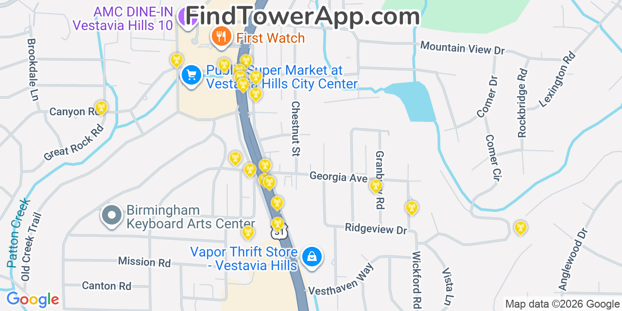 Map showing the 20 primary cell tower locations detected in Vestavia Hills, Alabama from AT&T, Verizon, and T-Mobile networks