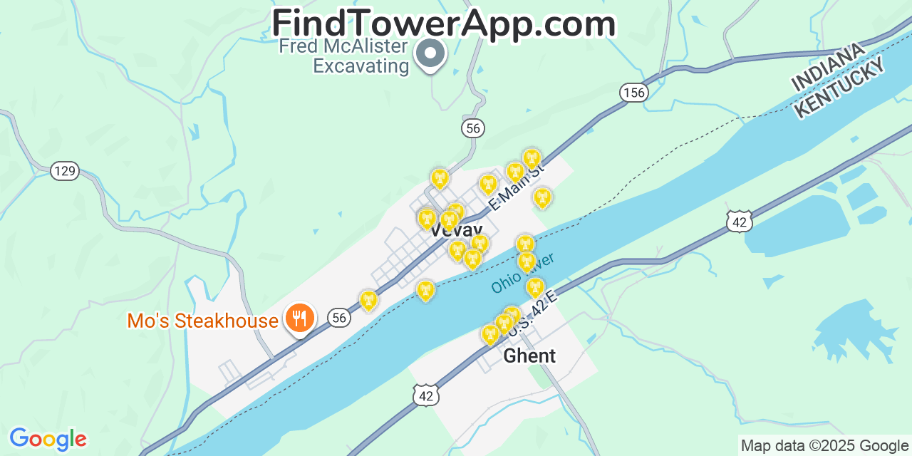 Map showing the 20 primary cell tower locations detected in Vevay, Indiana from AT&T, Verizon, and T-Mobile networks