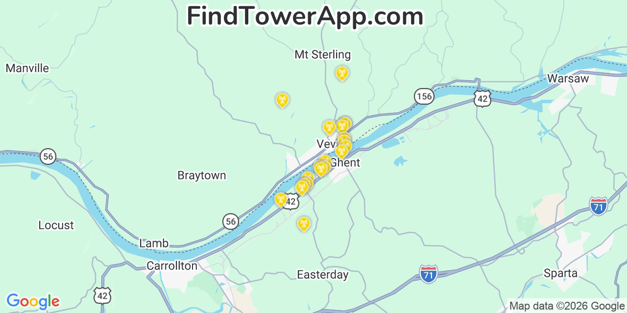 Map showing the 20 primary cell tower locations detected in Vevay, Indiana from AT&T, Verizon, and T-Mobile networks