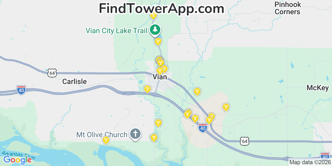 Map showing the 20 primary cell tower locations detected in Vian, Oklahoma from AT&T, Verizon, and T-Mobile networks