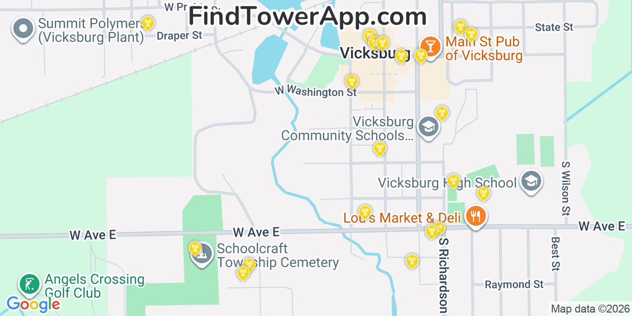 Map showing the 20 primary cell tower locations detected in Vicksburg, Michigan from AT&T, Verizon, and T-Mobile networks