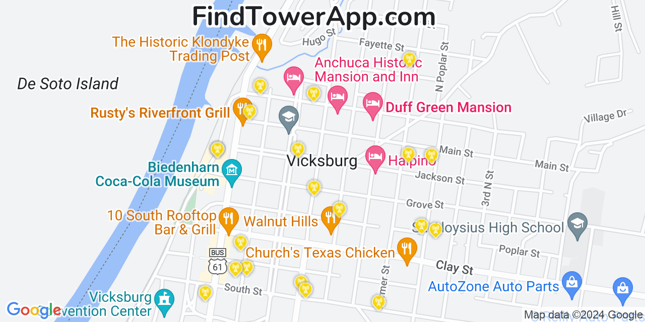 AT&T 4G/5G cell tower coverage map Vicksburg, Mississippi