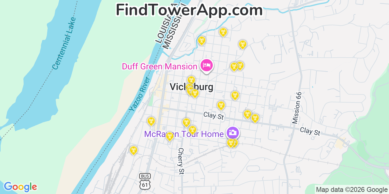 Map showing the 20 primary cell tower locations detected in Vicksburg, Mississippi from AT&T, Verizon, and T-Mobile networks