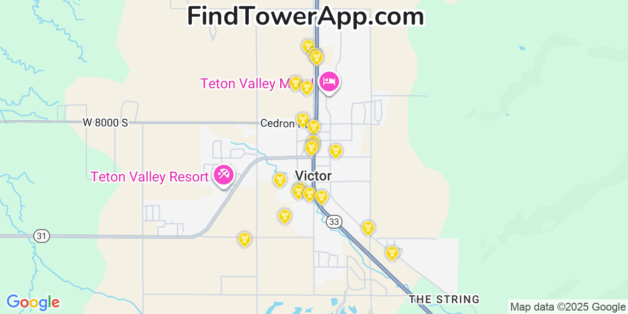 Map showing the 20 primary cell tower locations detected in Victor, Idaho from AT&T, Verizon, and T-Mobile networks