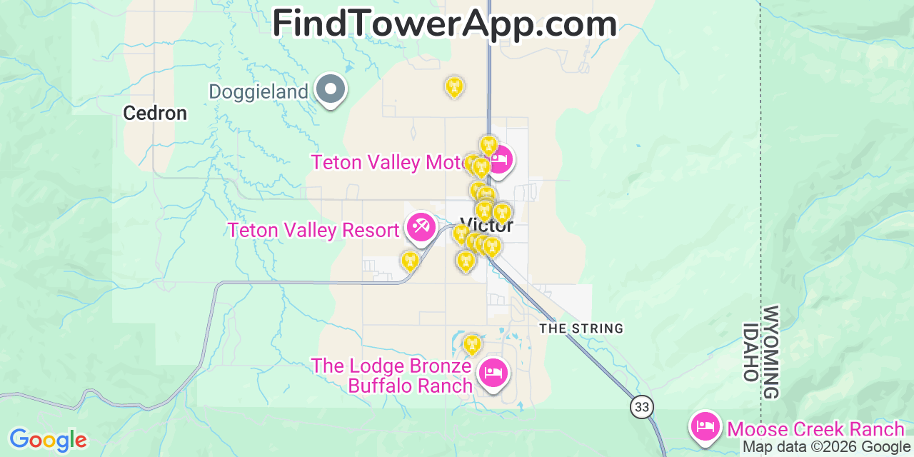 Map showing the 20 primary cell tower locations detected in Victor, Idaho from AT&T, Verizon, and T-Mobile networks