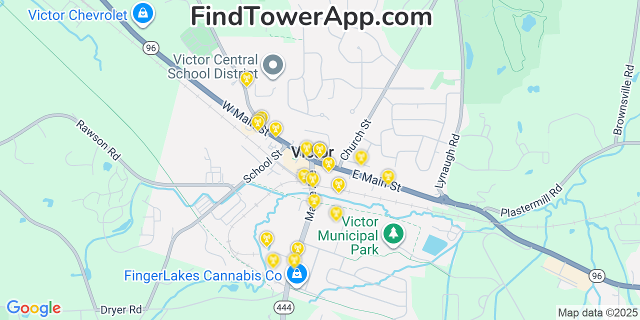 Map showing the 20 primary cell tower locations detected in Victor, New York from AT&T, Verizon, and T-Mobile networks