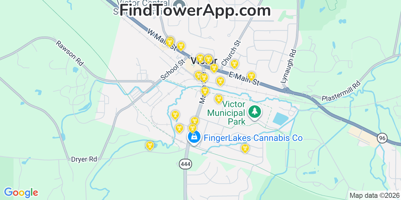 Map showing the 20 primary cell tower locations detected in Victor, New York from AT&T, Verizon, and T-Mobile networks