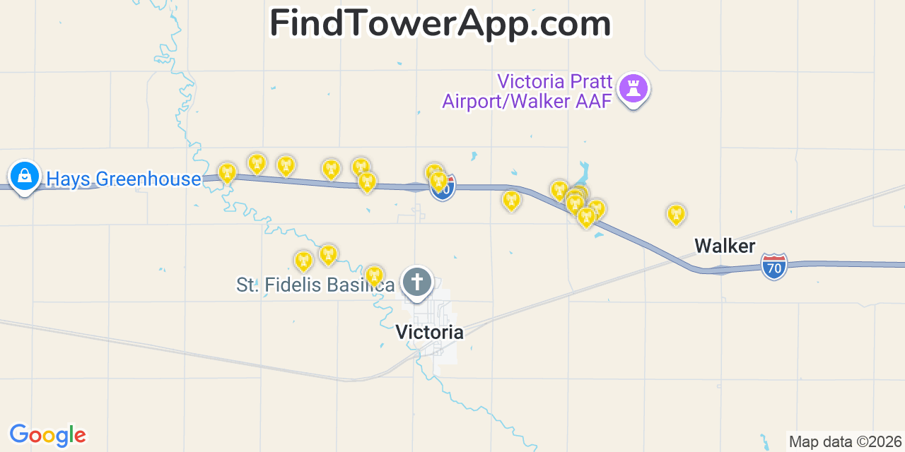 Map showing the 20 primary cell tower locations detected in Victoria, Kansas from AT&T, Verizon, and T-Mobile networks