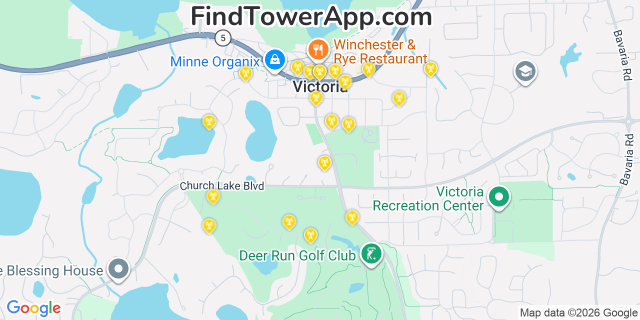 Map showing the 20 primary cell tower locations detected in Victoria, Minnesota from AT&T, Verizon, and T-Mobile networks