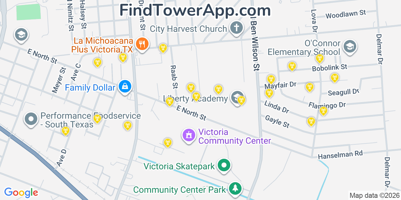 Map showing the 20 primary cell tower locations detected in Victoria, Texas from AT&T, Verizon, and T-Mobile networks