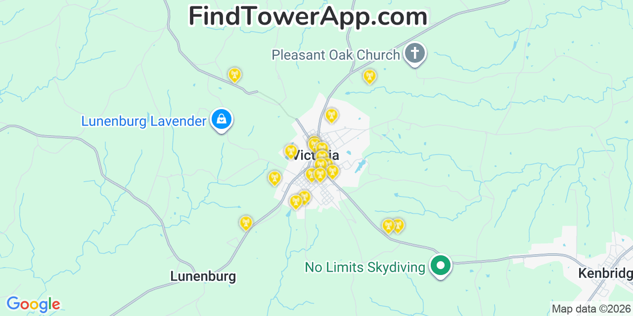 Map showing the 20 primary cell tower locations detected in Victoria, Virginia from AT&T, Verizon, and T-Mobile networks