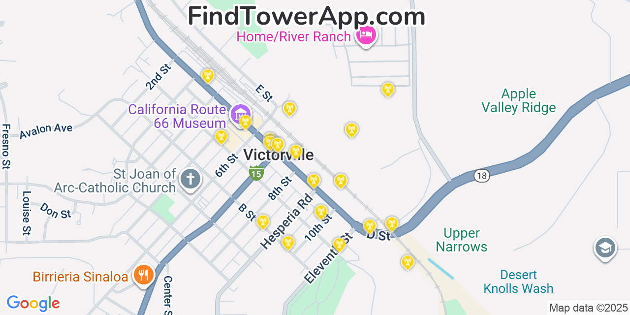 Map showing the 20 primary cell tower locations detected in Victorville, California from AT&T, Verizon, and T-Mobile networks