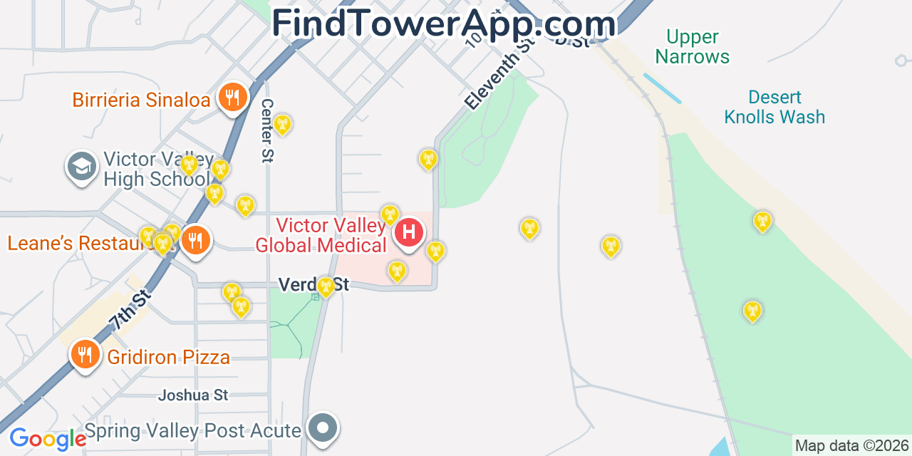 Map showing the 20 primary cell tower locations detected in Victorville, California from AT&T, Verizon, and T-Mobile networks