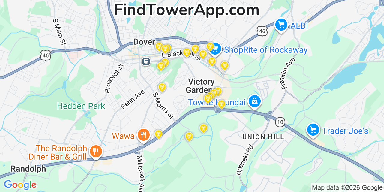 Map showing the 20 primary cell tower locations detected in Victory Gardens, New Jersey from AT&T, Verizon, and T-Mobile networks