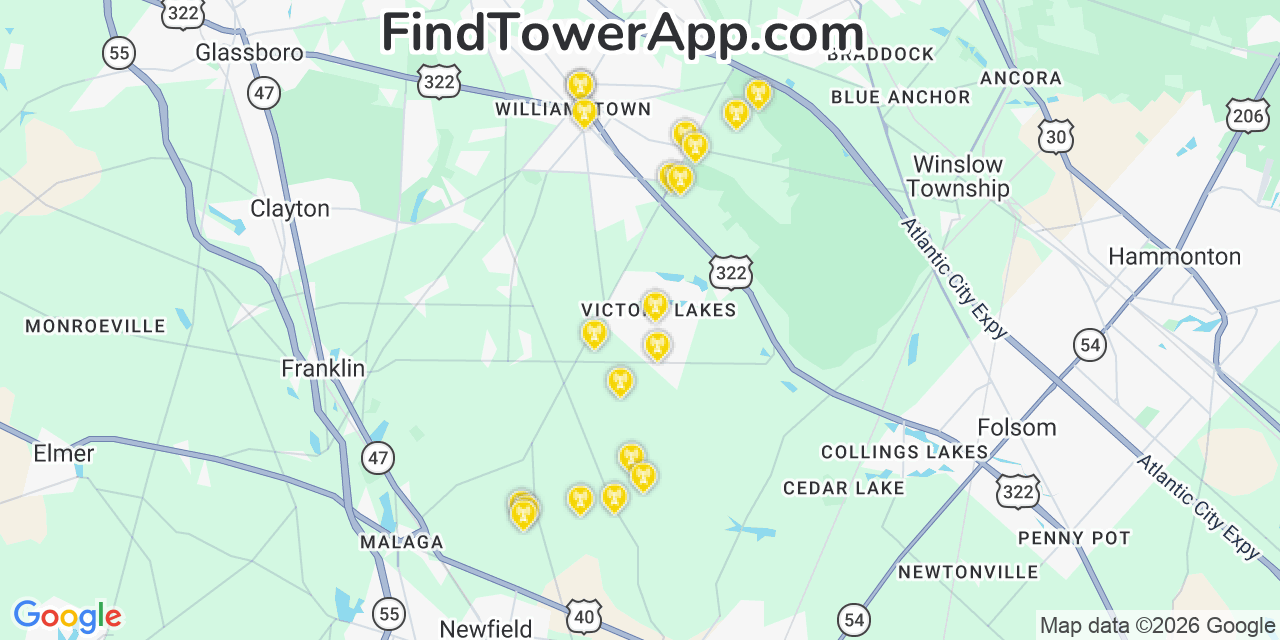 Map showing the 20 primary cell tower locations detected in Victory Lakes, New Jersey from AT&T, Verizon, and T-Mobile networks