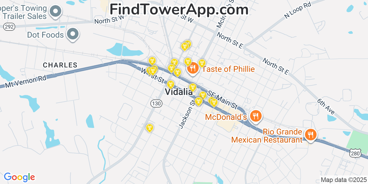 Map showing the 20 primary cell tower locations detected in Vidalia, Georgia from AT&T, Verizon, and T-Mobile networks