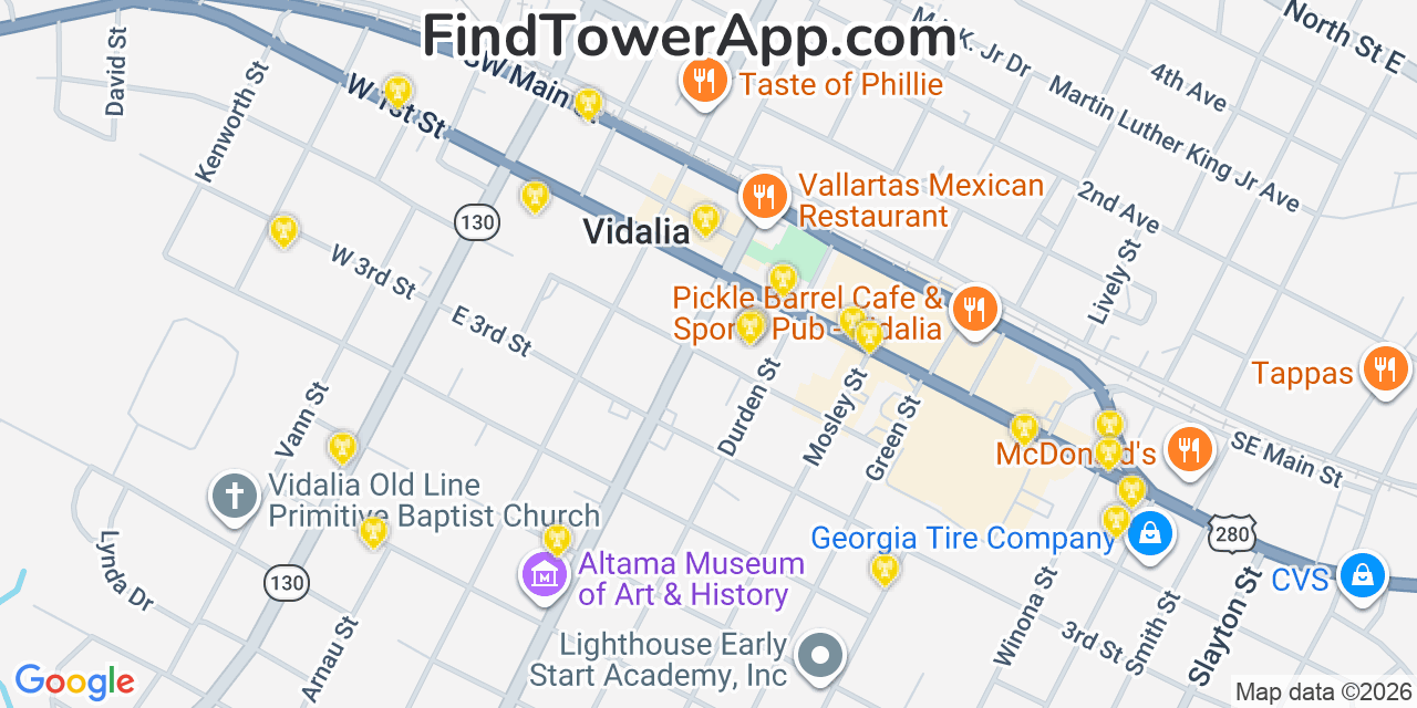 Map showing the 20 primary cell tower locations detected in Vidalia, Georgia from AT&T, Verizon, and T-Mobile networks