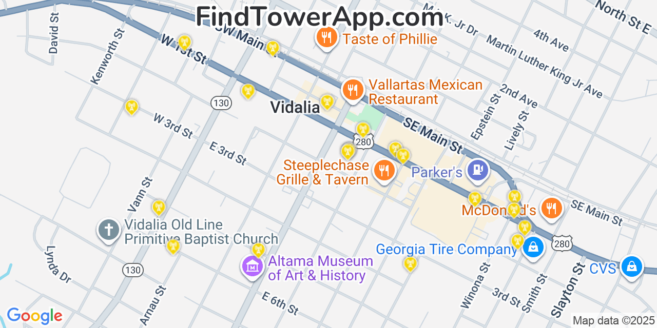 Map showing the 20 primary Mobitel cell tower locations detected in Vidalia, Georgia with coverage radius and signal strength indicators
