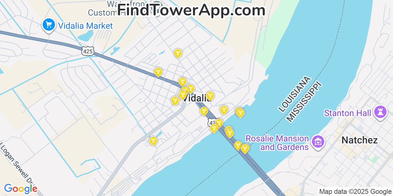 Map showing the 20 primary cell tower locations detected in Vidalia, Louisiana from AT&T, Verizon, and T-Mobile networks