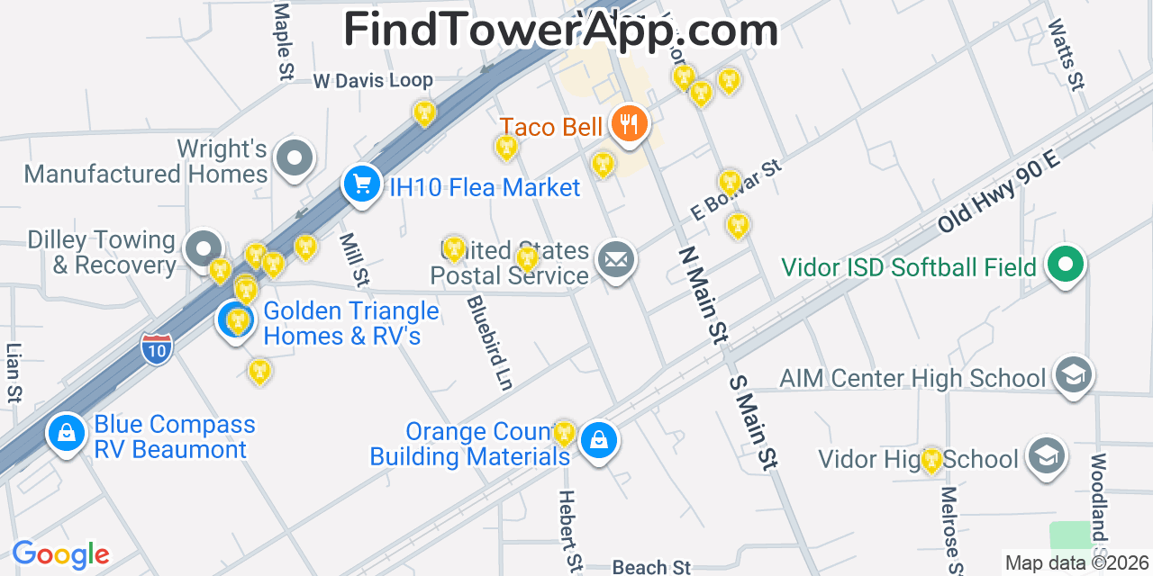 Map showing the 20 primary cell tower locations detected in Vidor, Texas from AT&T, Verizon, and T-Mobile networks