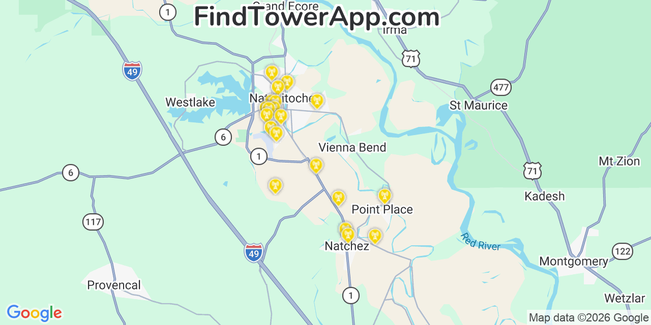 Map showing the 20 primary cell tower locations detected in Vienna Bend, Louisiana from AT&T, Verizon, and T-Mobile networks