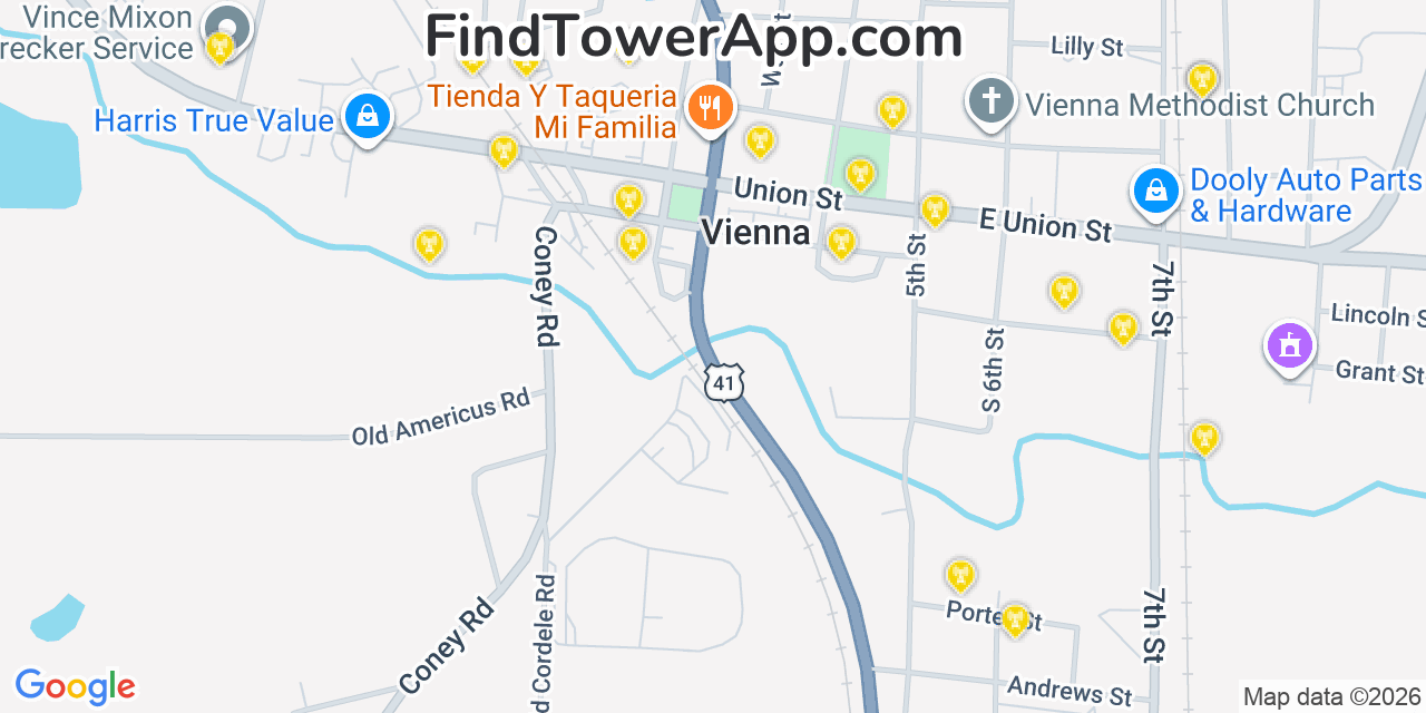 Map showing the 20 primary cell tower locations detected in Vienna, Georgia from AT&T, Verizon, and T-Mobile networks