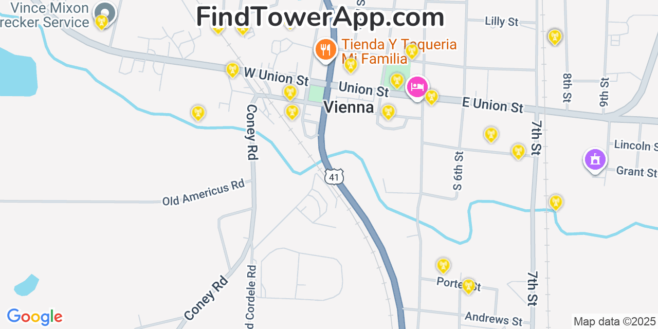 Map showing the 20 primary Mobitel cell tower locations detected in Vienna, Georgia with coverage radius and signal strength indicators