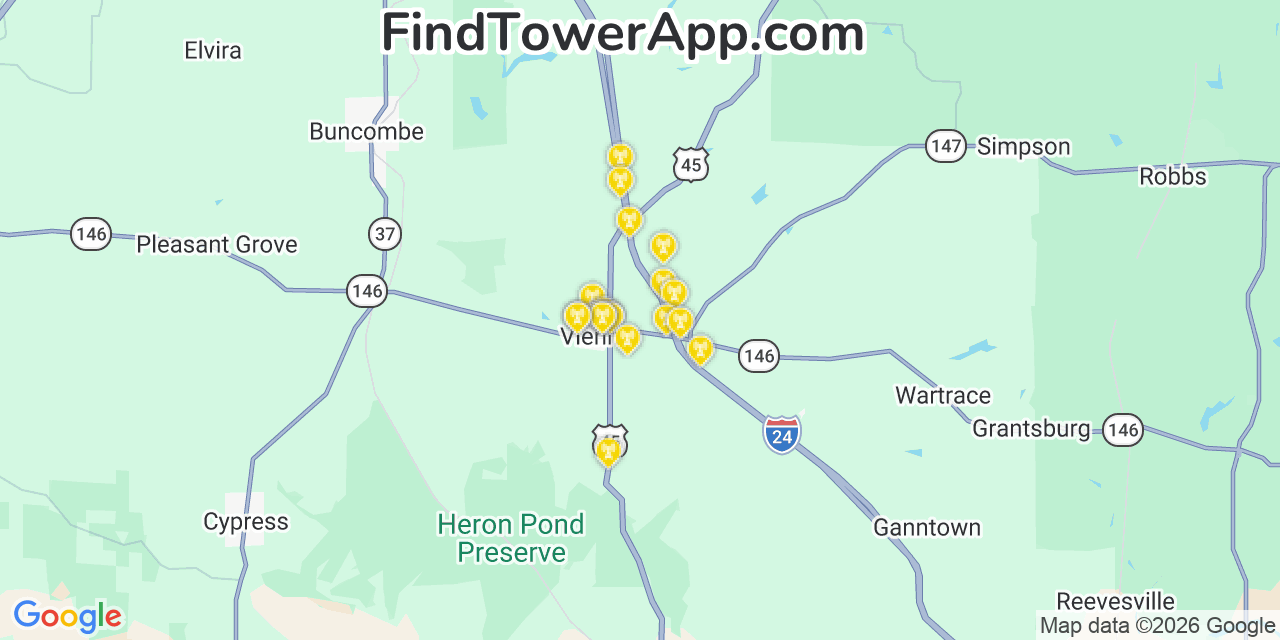 Map showing the 20 primary cell tower locations detected in Vienna, Illinois from AT&T, Verizon, and T-Mobile networks