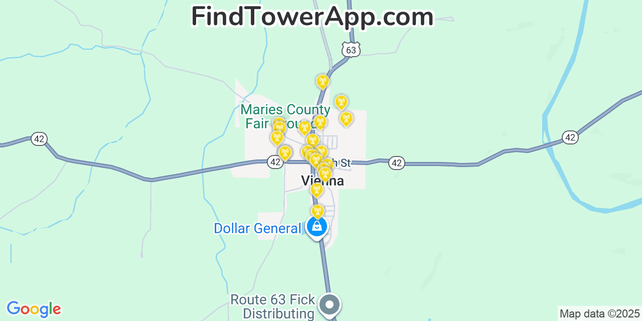 Map showing the 20 primary cell tower locations detected in Vienna, Missouri from AT&T, Verizon, and T-Mobile networks