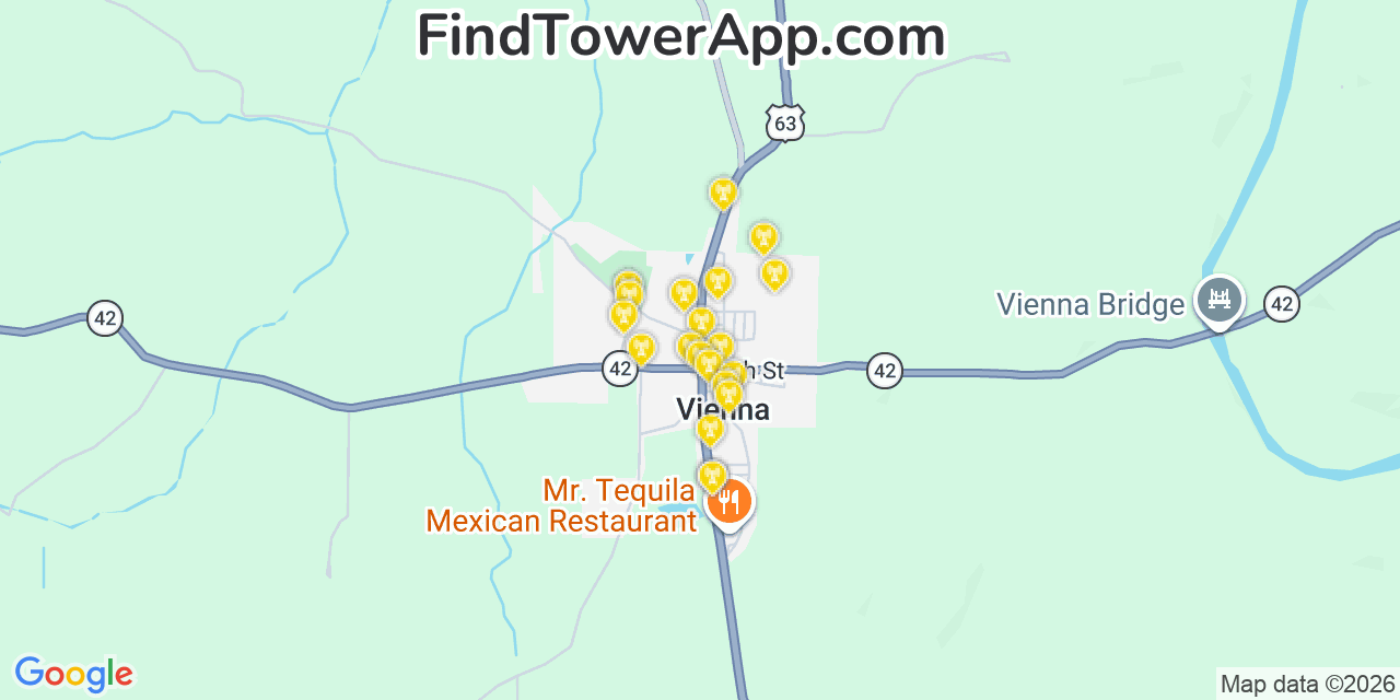 Map showing the 20 primary cell tower locations detected in Vienna, Missouri from AT&T, Verizon, and T-Mobile networks
