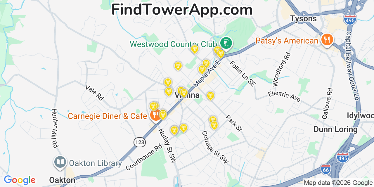 Map showing the 20 primary cell tower locations detected in Vienna, Virginia from AT&T, Verizon, and T-Mobile networks