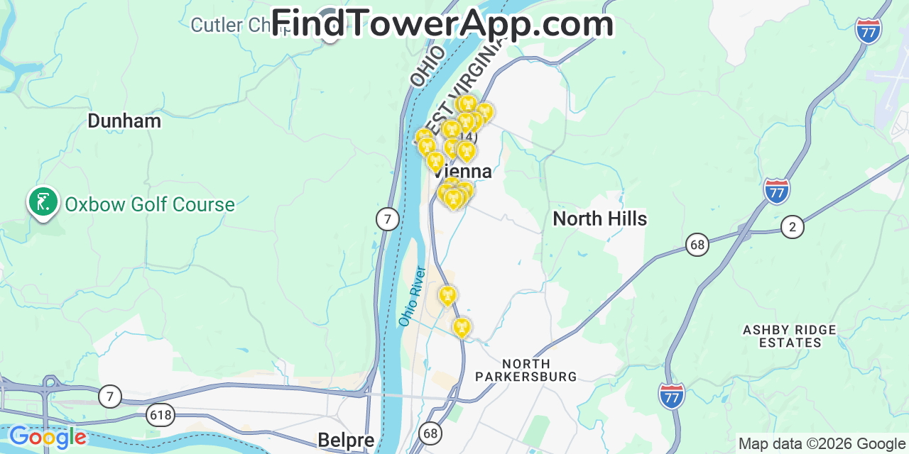 Map showing the 20 primary cell tower locations detected in Vienna, West Virginia from AT&T, Verizon, and T-Mobile networks