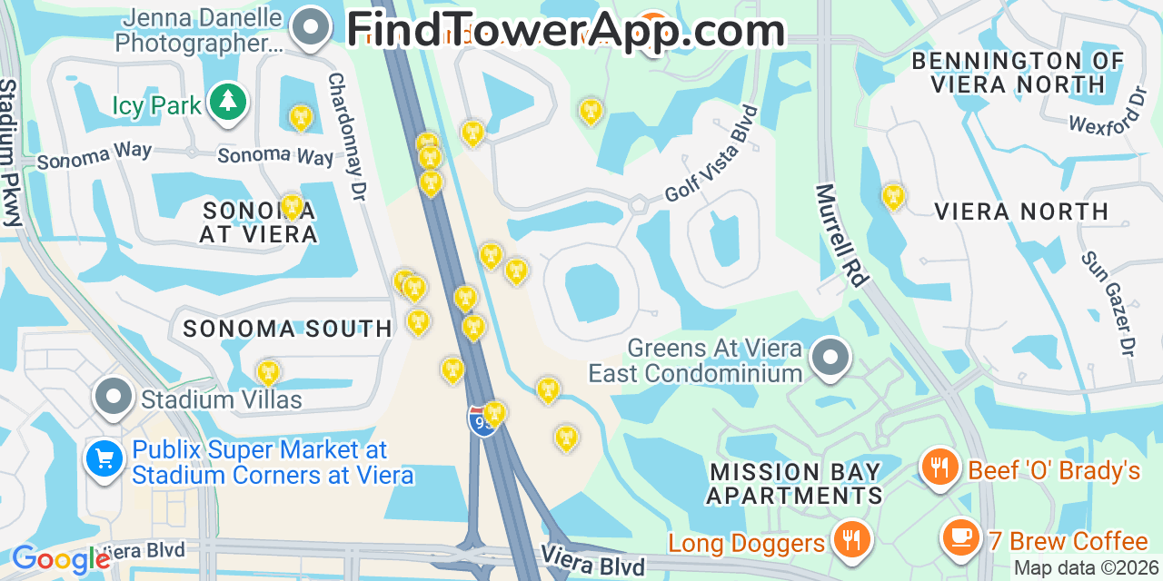 Map showing the 20 primary cell tower locations detected in Viera East, Florida from AT&T, Verizon, and T-Mobile networks