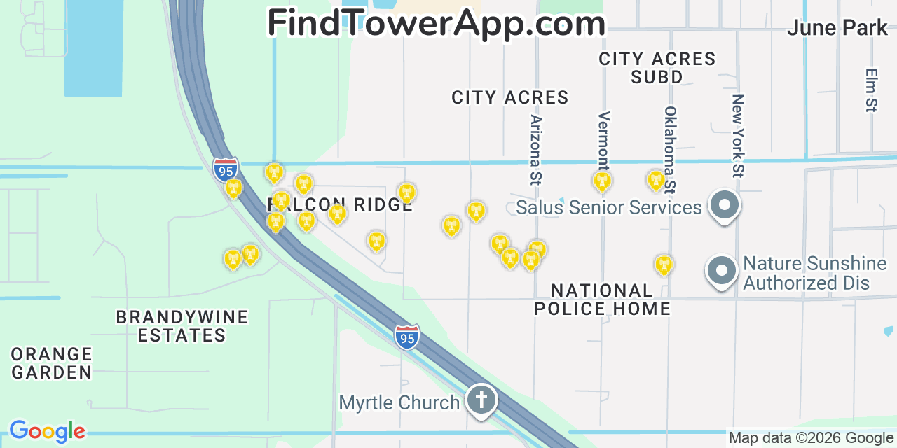 Map showing the 20 primary cell tower locations detected in Viera West, Florida from AT&T, Verizon, and T-Mobile networks