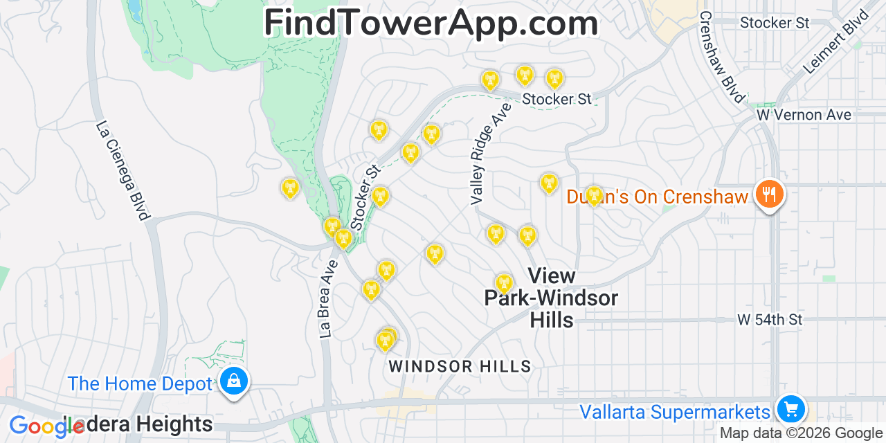 Map showing the 20 primary cell tower locations detected in View Park Windsor Hills, California from AT&T, Verizon, and T-Mobile networks