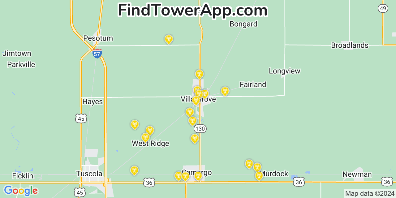 AT&T 4G/5G cell tower coverage map Villa Grove, Illinois