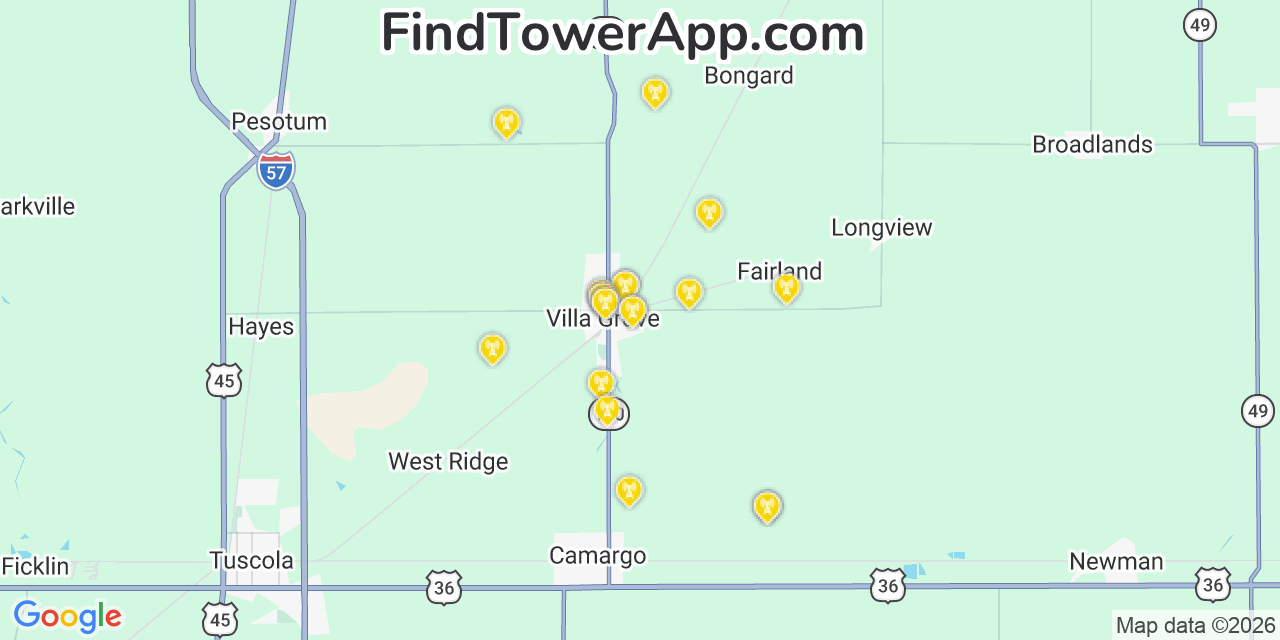 Map showing the 20 primary cell tower locations detected in Villa Grove, Illinois from AT&T, Verizon, and T-Mobile networks