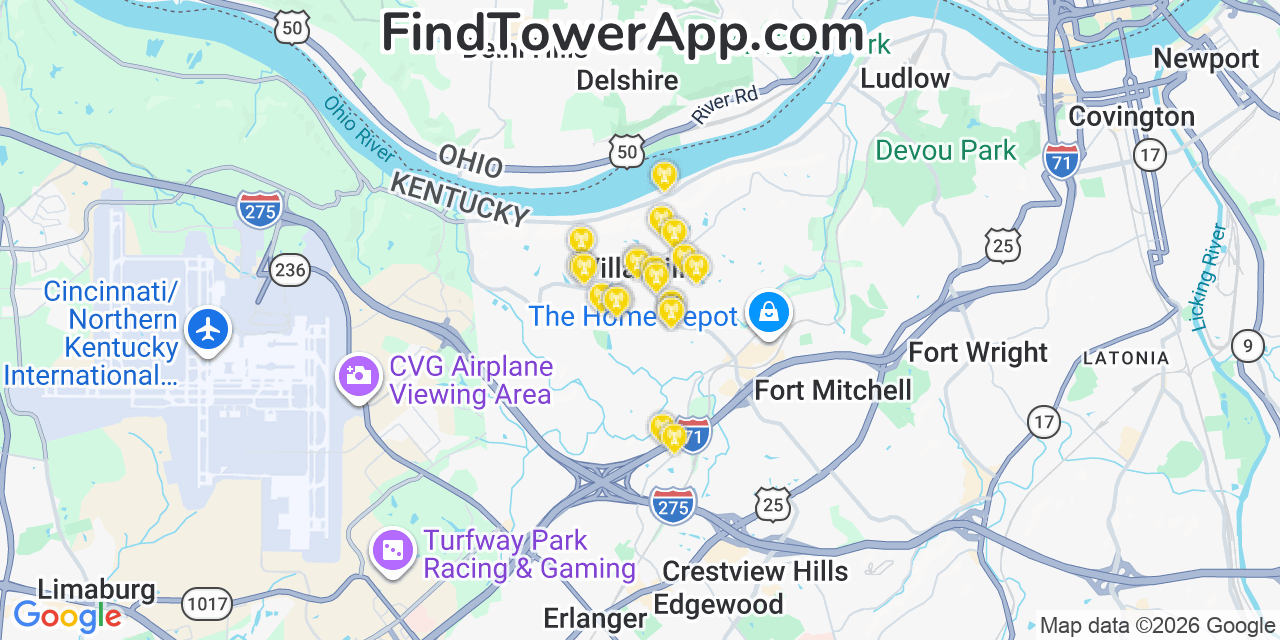 Map showing the 20 primary cell tower locations detected in Villa Hills, Kentucky from AT&T, Verizon, and T-Mobile networks